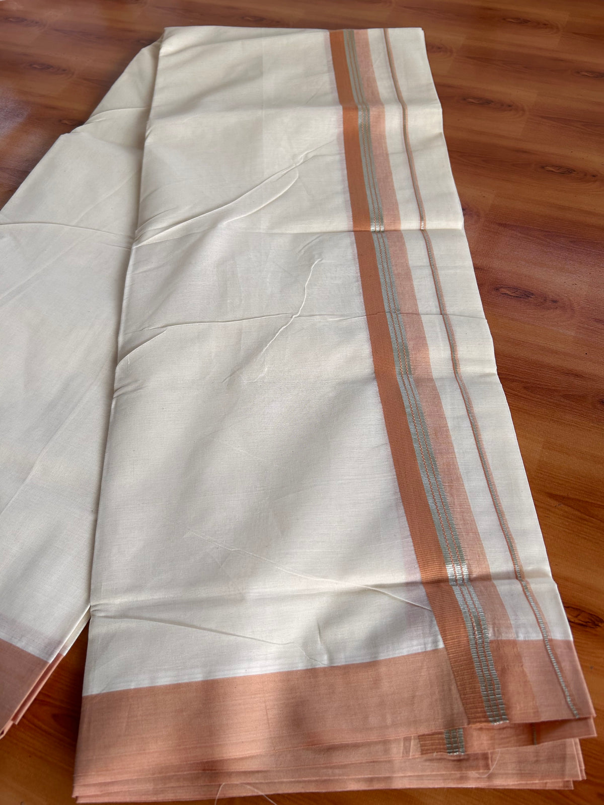 Double Off White (Unbleached) Mundu/Dhoti - 20% Discount! Kaitharikada 100% Pure Cotton - 100x80 - 1.5 inch Silver Kasav & Pale Orange striped shaded Kara 4 mtr (8.5 muzham) - 32 KK5540 PMC