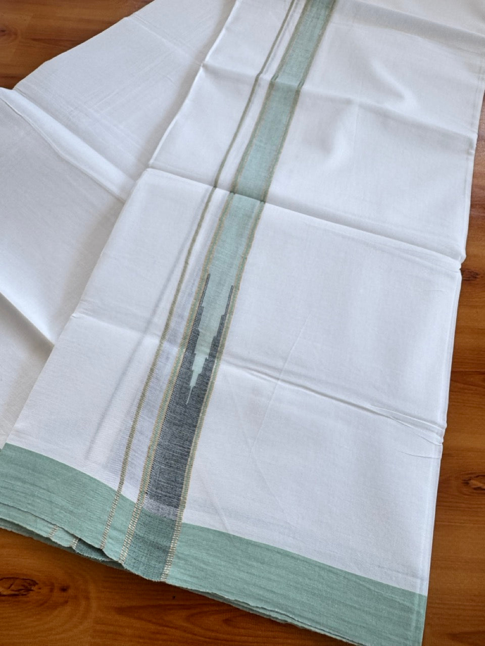 Double Pure White Mundu/Dhoti - 20% Discount !! KaithariKada Balaramapuram 100% Cotton - 100x80 - 1 inch Mint Green Shaded & Black Silver Kasav Chutty Kara 3.80 mtr (8 muzham) - 12 KK5505 VAS