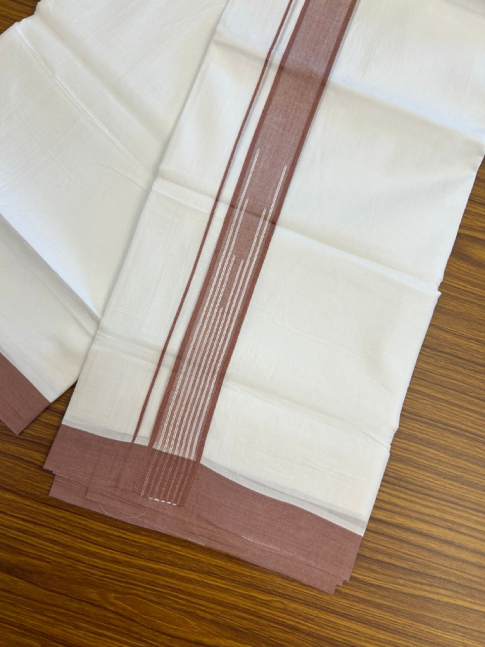 20% Discount ! Kaitharikada Balaramapuram 100% Pure Cotton Double Pure White Mundu/Dhoti - 100x80 - 1.5 inch Dusty Peach shaded white striped chutty 3.90 mtr (8.5 muzham) - 47 KK5287 PMC