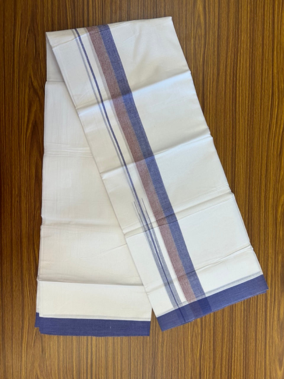 20% Discount ! Kaitharikada Balaramapuram 100% Pure Cotton Double Pure White Mundu/Dhoti - 100x80 - 1.5 inch Violet & Maroon shaded striped chutty 3.90 mtr (8.5 muzham) - 82 KK5287 PMC