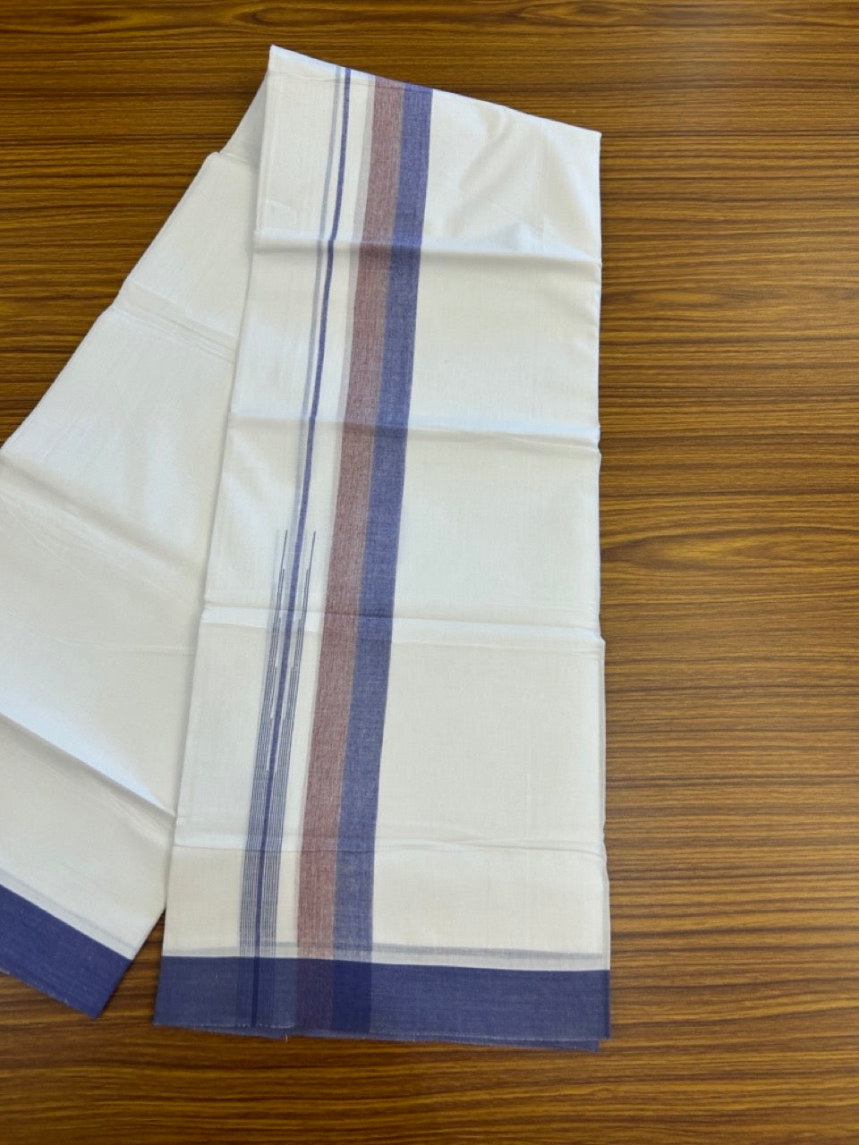 20% Discount ! Kaitharikada Balaramapuram 100% Pure Cotton Double Pure White Mundu/Dhoti - 100x80 - 1.5 inch Violet & Maroon shaded striped chutty 3.90 mtr (8.5 muzham) - 82 KK5287 PMC