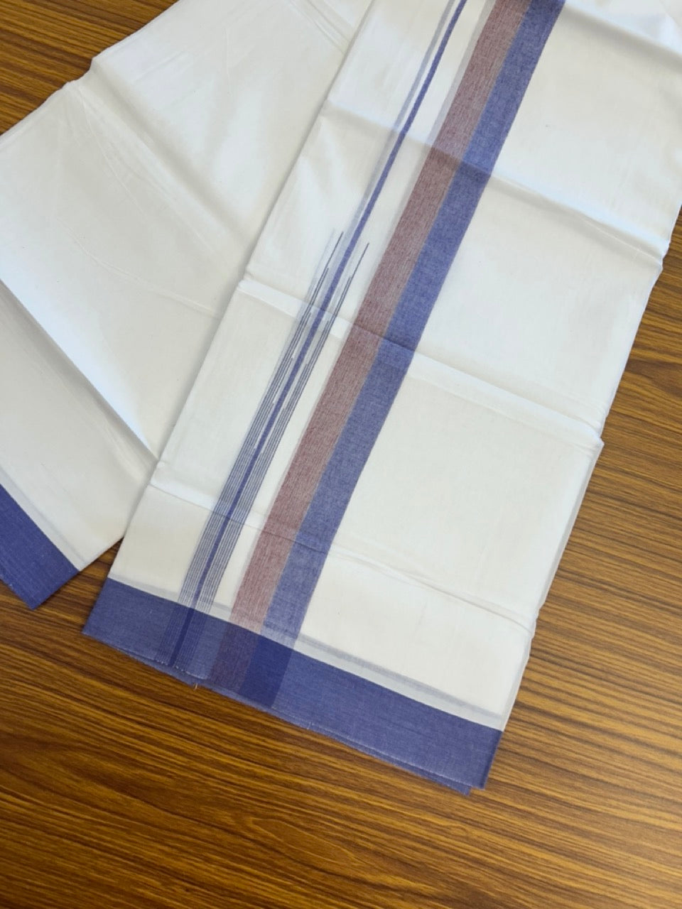 20% Discount ! Kaitharikada Balaramapuram 100% Pure Cotton Double Pure White Mundu/Dhoti - 100x80 - 1.5 inch Violet & Maroon shaded striped chutty 3.90 mtr (8.5 muzham) - 82 KK5287 PMC
