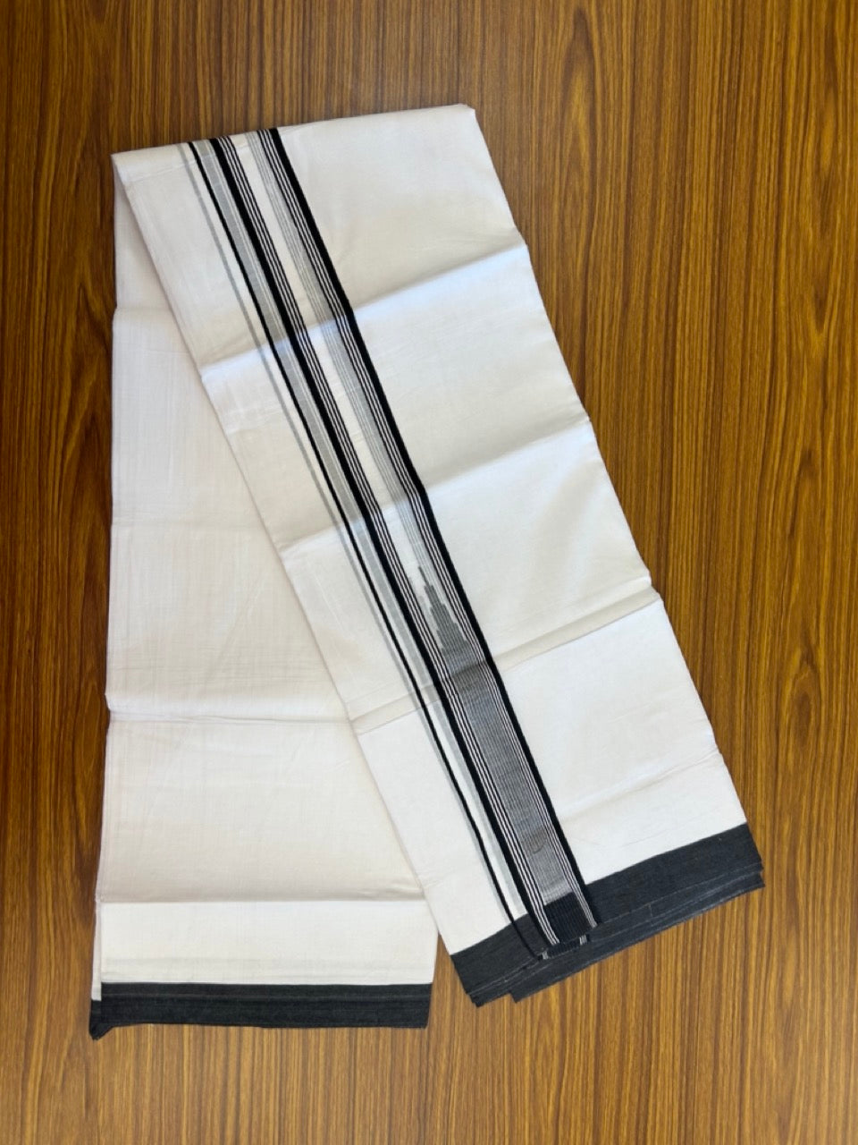 20% Discount ! Kaitharikada Balaramapuram 100% Pure Cotton Double Pure White Mundu/Dhoti - 100x80 - 1.75 inch Black striped temple chutty 3.90 mtr (8.5 muzham) - 62 KK5287 PMC