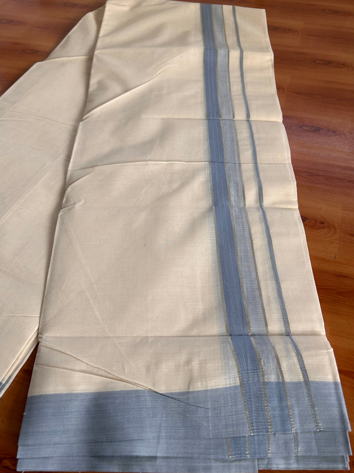 Double Off White (Unbleached) Mundu/Dhoti - 20% Discount! Kaitharikada 100% Pure Cotton - 100x80 - 1.5 inch Silver Kasav & Ash Blue striped shaded Kara 4 mtr (8.5 muzham) - 29 KK5540 PMC