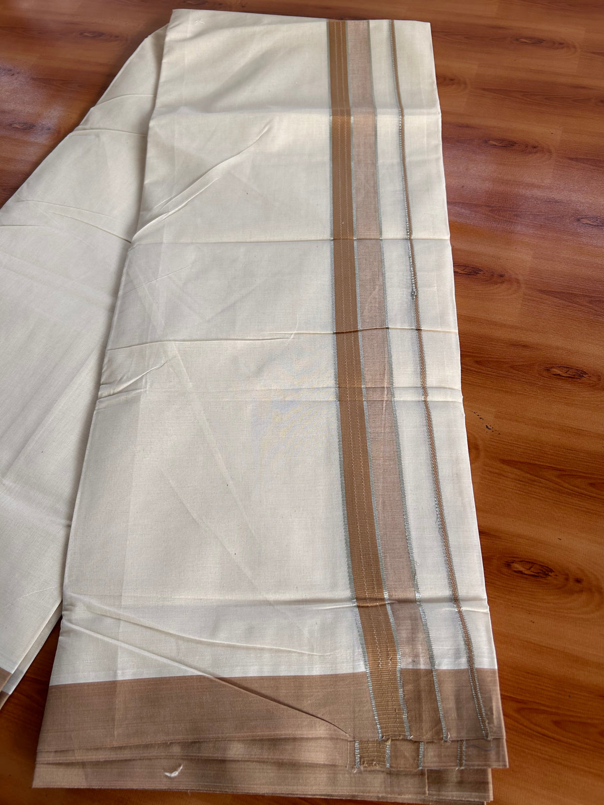 Double Off White (Unbleached) Mundu/Dhoti - 20% Discount! Kaitharikada 100% Pure Cotton - 100x80 - 1.5 inch Silver Kasav & Peanut Brown striped shaded Kara 4 mtr (8.5 muzham) - 26 KK5540 PMC