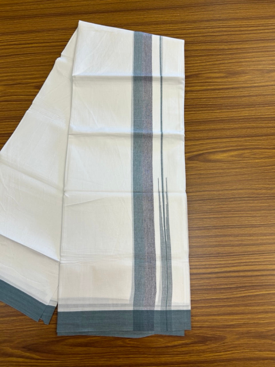 20% Discount ! Kaitharikada Balaramapuram 100% Pure Cotton Double Pure White Mundu/Dhoti - 100x80 - 1.5 inch Teal Green & Navy Blue shaded striped chutty 3.90 mtr (8.5 muzham) - 81 KK5287 PMC
