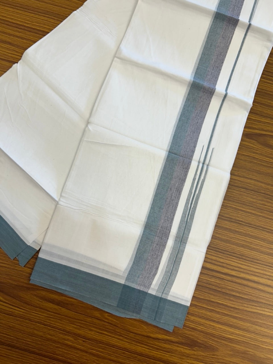 20% Discount ! Kaitharikada Balaramapuram 100% Pure Cotton Double Pure White Mundu/Dhoti - 100x80 - 1.5 inch Teal Green & Navy Blue shaded striped chutty 3.90 mtr (8.5 muzham) - 81 KK5287 PMC