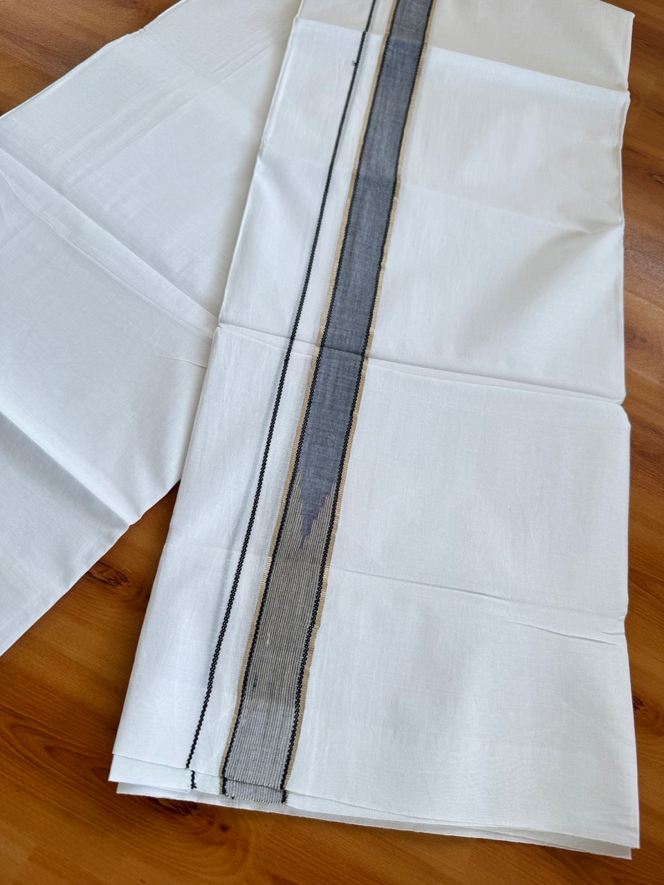 Double Pure White Mundu/Dhoti - 20% Discount !! KaithariKada Balaramapuram 100% Cotton - 100x80 - 1.25 inch Black & Sand Brown Silver Kasav Chutty Kara 3.80 mtr (8 muzham) - 7 KK5505 VAS