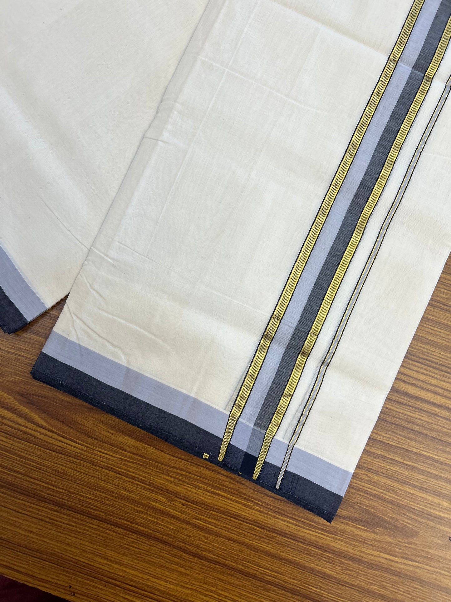 25% Discount! KaithariKada Handloom Unakkupaav - Kerala Handloom - 100% Pure Cotton Off White (Unbleached) Double Mundu/Dothi - 100x80 - 1.75 inch Gold Kasav Blue & Ash Blue Striped Kara 4.5 Meters (10 Muzham) - 3 KK5353 REA