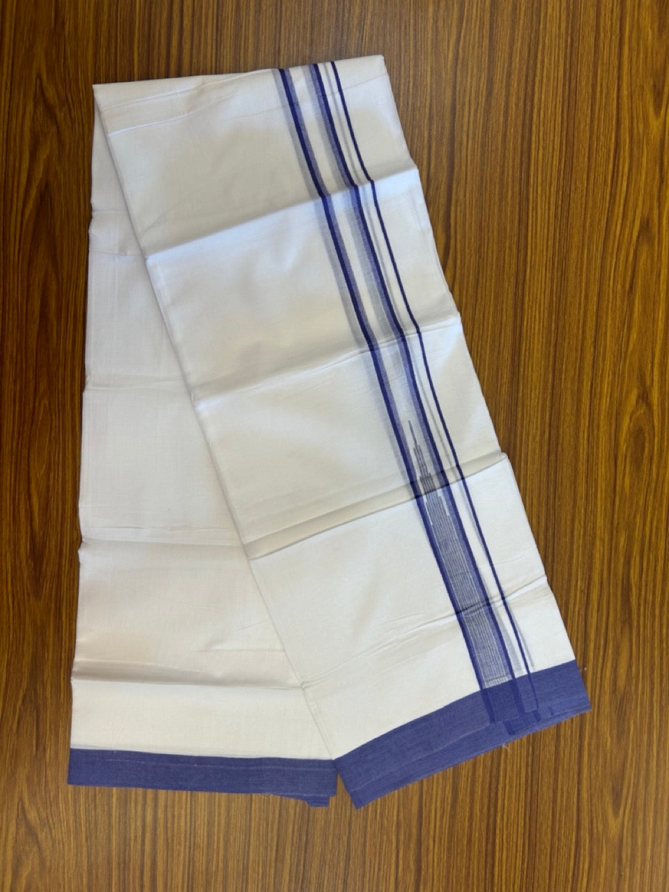 20% Discount ! Kaitharikada Balaramapuram 100% Pure Cotton Double Pure White Mundu/Dhoti - 100x80 - 1.25 inch Violet Blue striped temple chutty 3.90 mtr (8.5 muzham) - 51 KK5287 PMC