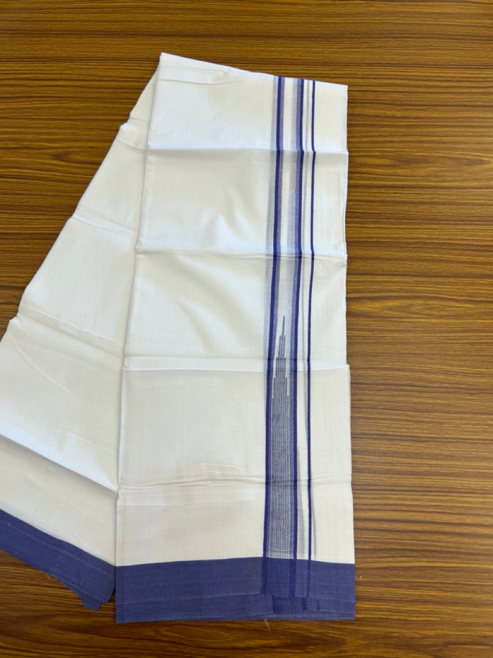 20% Discount ! Kaitharikada Balaramapuram 100% Pure Cotton Double Pure White Mundu/Dhoti - 100x80 - 1.25 inch Violet Blue striped temple chutty 3.90 mtr (8.5 muzham) - 51 KK5287 PMC