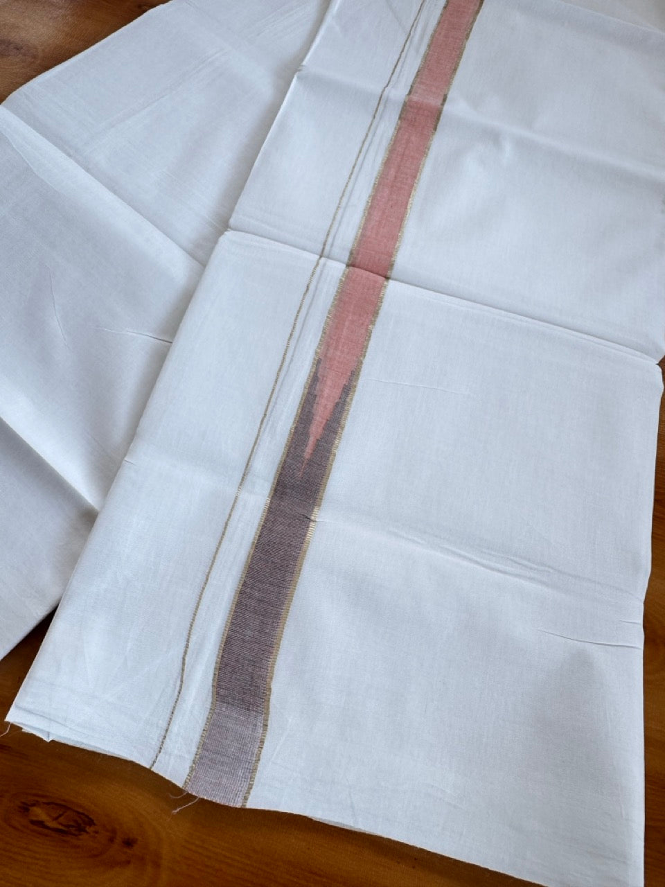 Double Pure White Mundu/Dhoti - 20% Discount !! KaithariKada Balaramapuram 100% Cotton - 100x80 - 0.75 inch Peach Shaded & Grey Silver Kasav Chutty Kara 3.80 mtr (8 muzham) - 10 KK5505 VAS