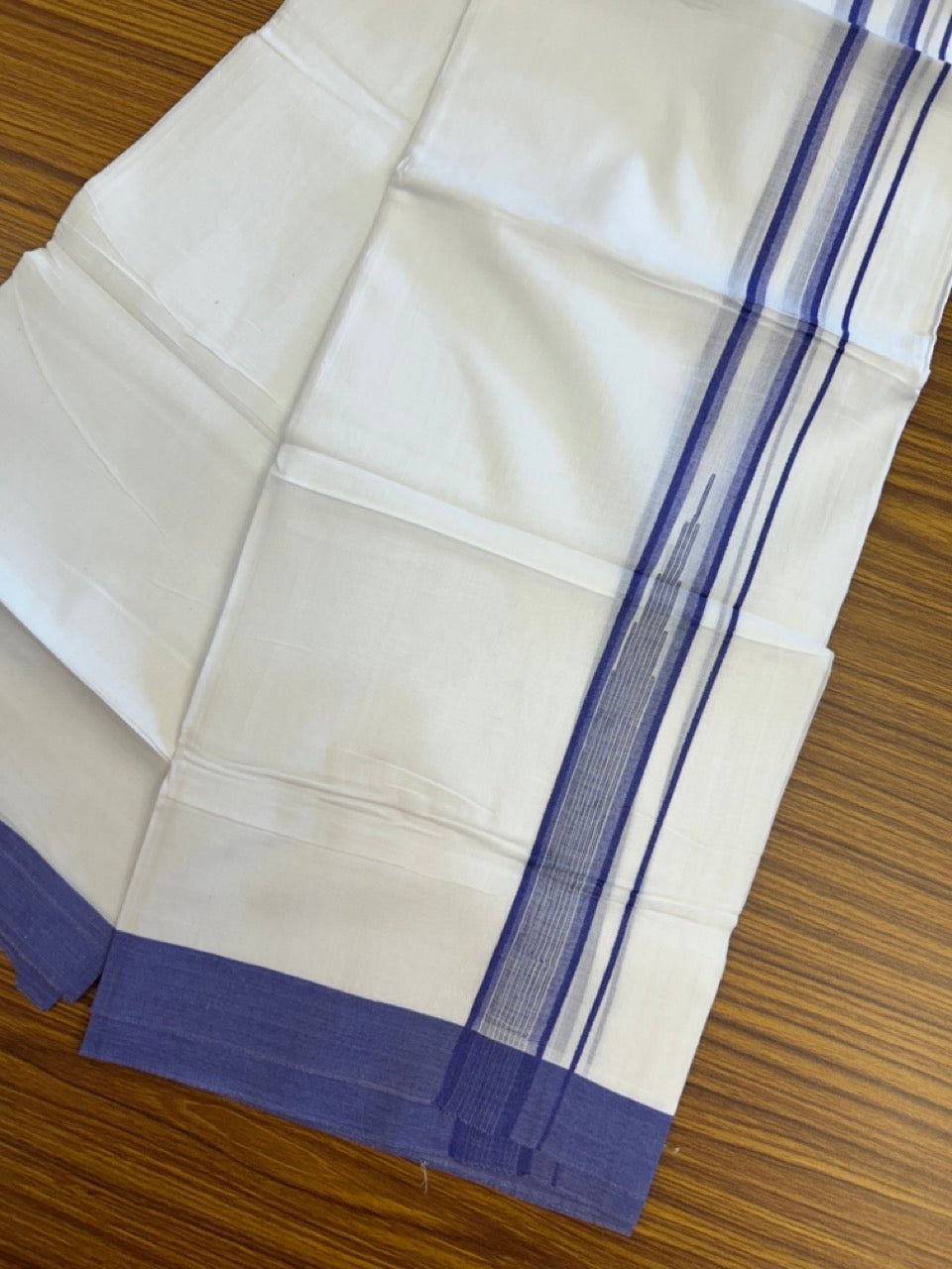 20% Discount ! Kaitharikada Balaramapuram 100% Pure Cotton Double Pure White Mundu/Dhoti - 100x80 - 1.25 inch Violet Blue striped temple chutty 3.90 mtr (8.5 muzham) - 51 KK5287 PMC