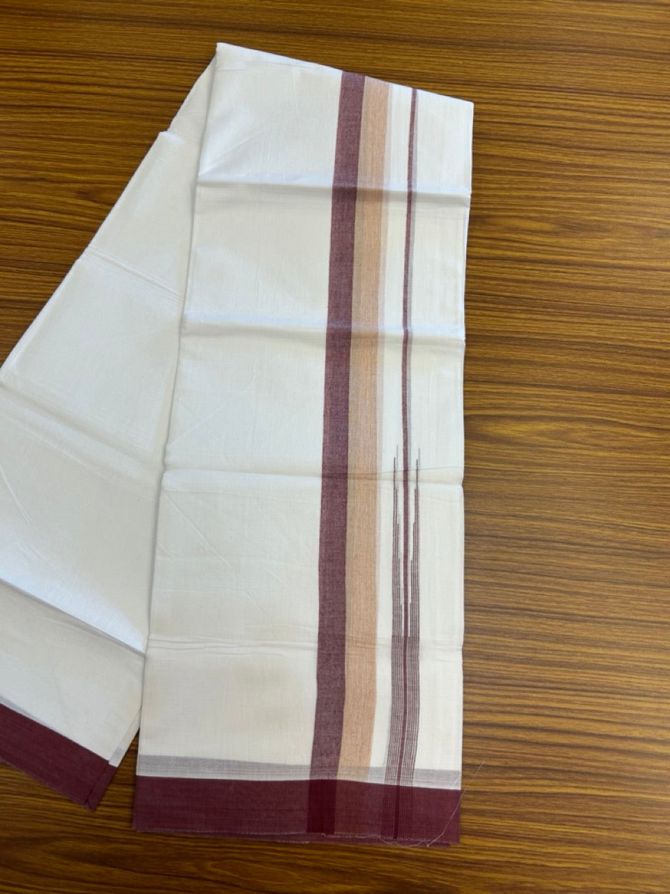 20% Discount ! Kaitharikada Balaramapuram 100% Pure Cotton Double Pure White Mundu/Dhoti - 100x80 - 1.5 inch Light Orange & Wine Purple Green shaded chutty 3.90 mtr (8.5 muzham) - 90 KK5287 PMC