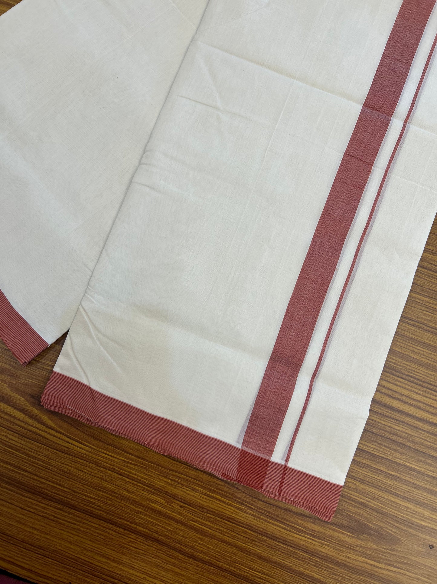 25% Discount! KaithariKada Handloom Unakkupaav - Kerala Handloom - 100% Pure Cotton Off White (Unbleached) Double Mundu/Dothi - 100x80 - 1.25 inch Maroon & Peach Kara 4.5 Meters (10 Muzham) - 7 KK5353 REA