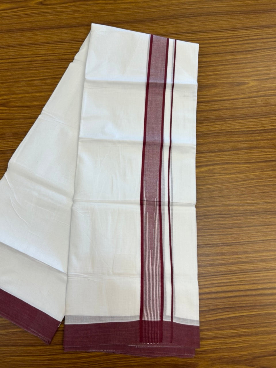20% Discount ! Kaitharikada Balaramapuram 100% Pure Cotton Double Pure White Mundu/Dhoti - 100x80 - 1.5 inch Maroon shaded white striped chutty 3.90 mtr (8.5 muzham) - 46 KK5287 PMC