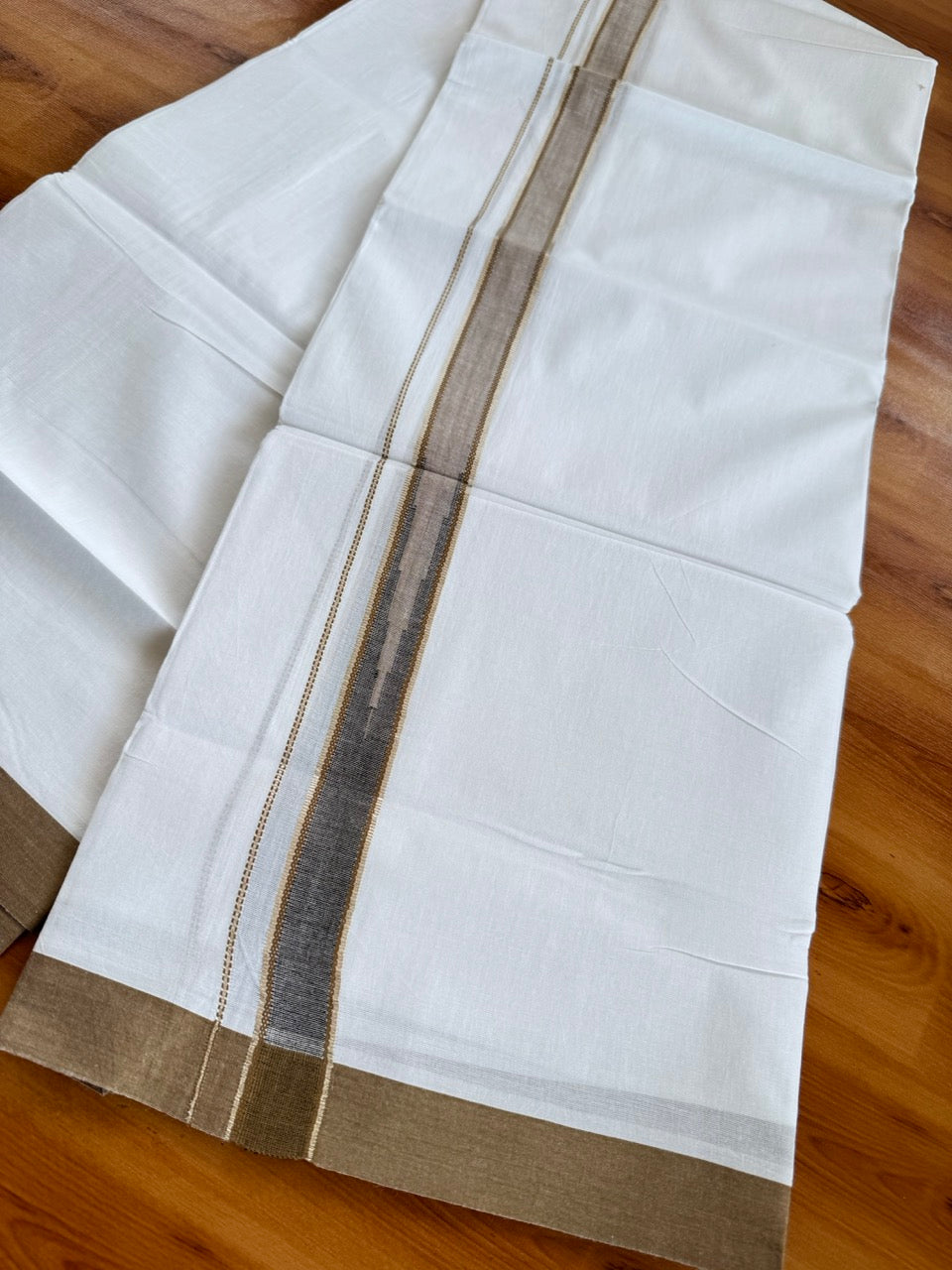 Double Pure White Mundu/Dhoti - 20% Discount !! KaithariKada Balaramapuram 100% Cotton - 100x80 - 1.25 inch Brown & Black Silver Kasav Chutty Kara 3.80 mtr (8 muzham) - 8 KK5505 VAS