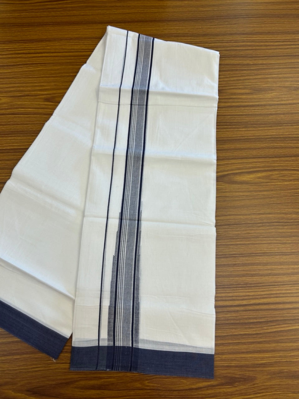 20% Discount ! Kaitharikada Balaramapuram 100% Pure Cotton Double Pure White Mundu/Dhoti - 100x80 - 1.5 inch Navy Blue shaded striped chutty 3.90 mtr (8.5 muzham) - 74 KK5287 PMC