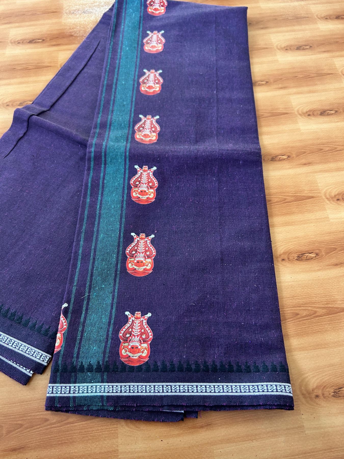 Single Kaily / Lungi - Mixed Cotton - 40s twisted - Theyyam Design Printed Kuppadam 1.75 inch Jade Green Stripes Kara with Dark Purple Colour Body (2 meter / 4 muzham) - 10 KK5423 GAN