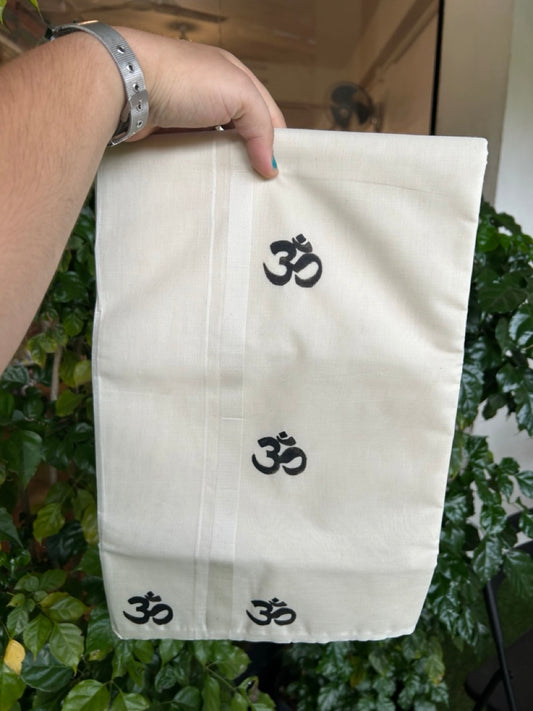 KaithariKada Balaramapuram 100% Cotton Double Off white - (Unbleached) Mundu/Dhoti-100x80 - 0.5 inch Hand Painted Black Ohm Design Kara 4 mtr (8.5 muzham) - 12 KK5244 ASH