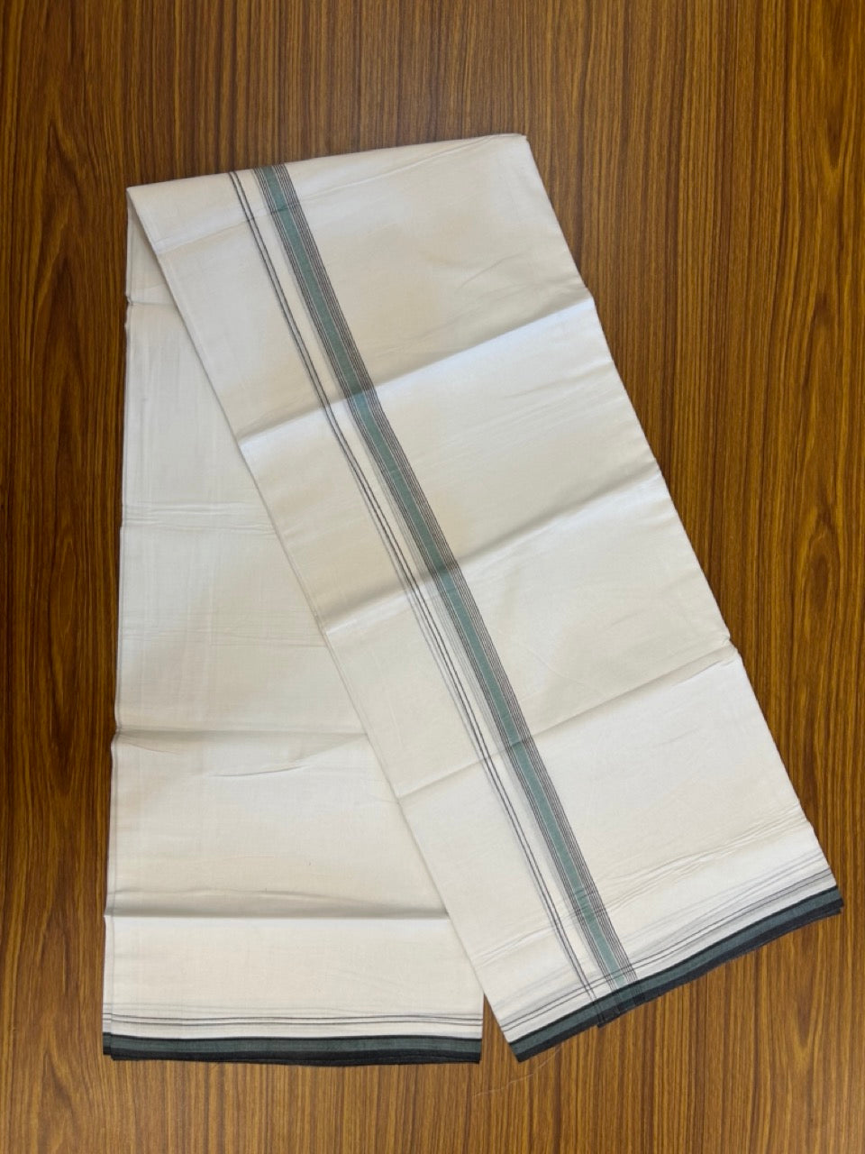 20% Discount ! Kaitharikada Balaramapuram 100% Cotton Pure White Double Mundu/Dothi - 100x80 - 0.75 inch Teal Green & Black Stripes Kara 4 mtr (8.5 muzham) - 2 KK5255 VAS