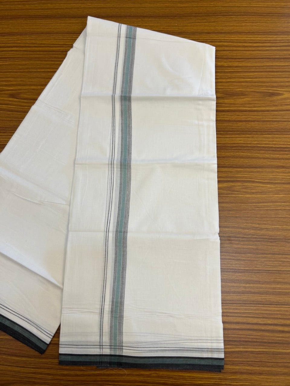 20% Discount ! Kaitharikada Balaramapuram 100% Cotton Pure White Double Mundu/Dothi - 100x80 - 0.75 inch Teal Green & Black Stripes Kara 4 mtr (8.5 muzham) - 2 KK5255 VAS