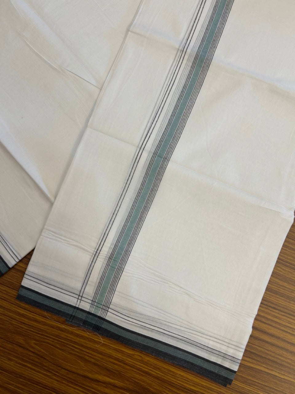 20% Discount ! Kaitharikada Balaramapuram 100% Cotton Pure White Double Mundu/Dothi - 100x80 - 0.75 inch Teal Green & Black Stripes Kara 4 mtr (8.5 muzham) - 2 KK5255 VAS