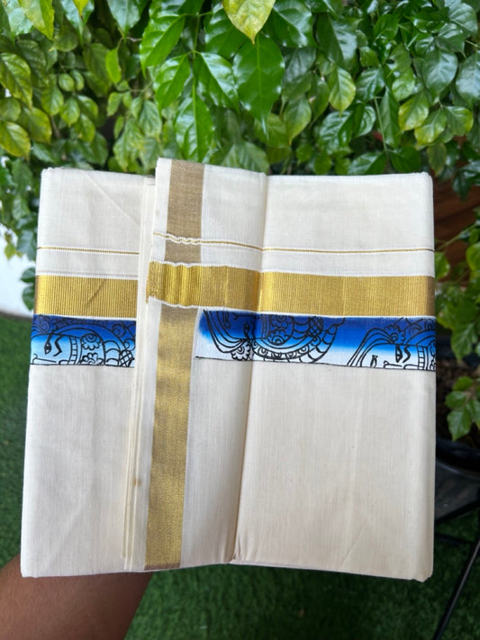 29% Discount! KaithariKada Balaramapuram 100% Cotton off white Double - (Unbleached) Mundu/Dhoti- 80x90 - Gold Kasavu HAND PAINT Dark Blue & Sky Blue Kathakali Flower Pattern 2.25 inch Kara - 25KK5212 VIN