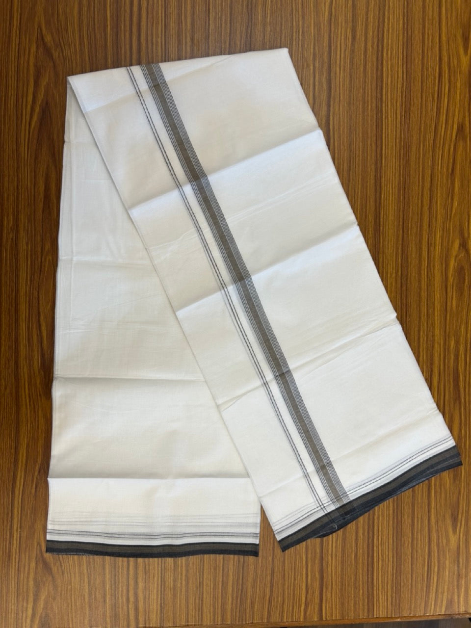 20% Discount ! Kaitharikada Balaramapuram 100% Cotton Pure White Double Mundu/Dothi - 100x80 - 0.75 inch Brown & Black Stripes Kara 4 mtr (8.5 muzham) - 3 KK5255 VAS