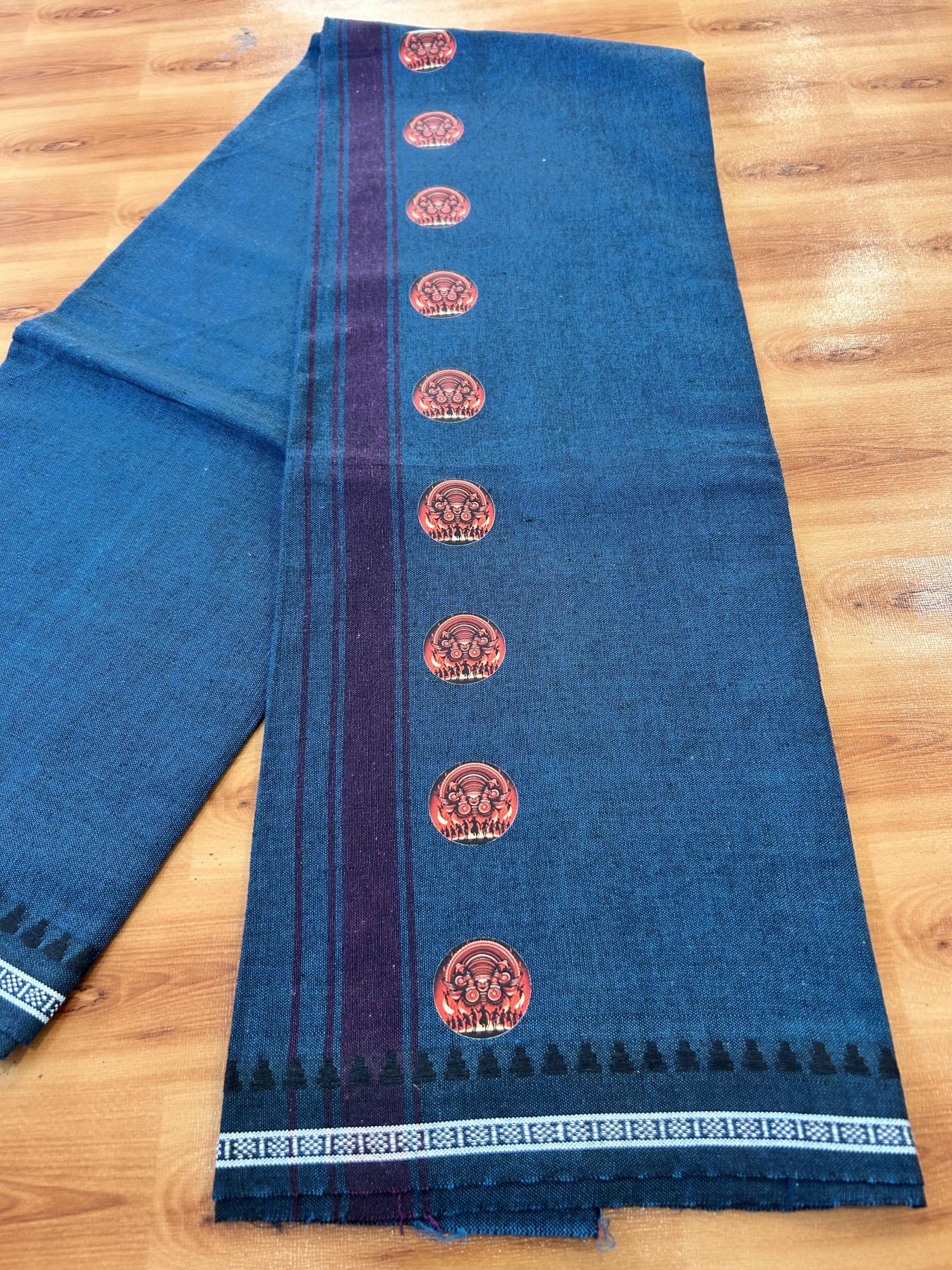 Single Kaily / Lungi - Mixed Cotton - 40s twisted - Theyyam Design Printed Kuppadam 1.75 inch Purple Wine Stripes Kara with Dark Peacock Blue Colour Body (2 meter / 4 muzham) - 8 KK5423 GAN
