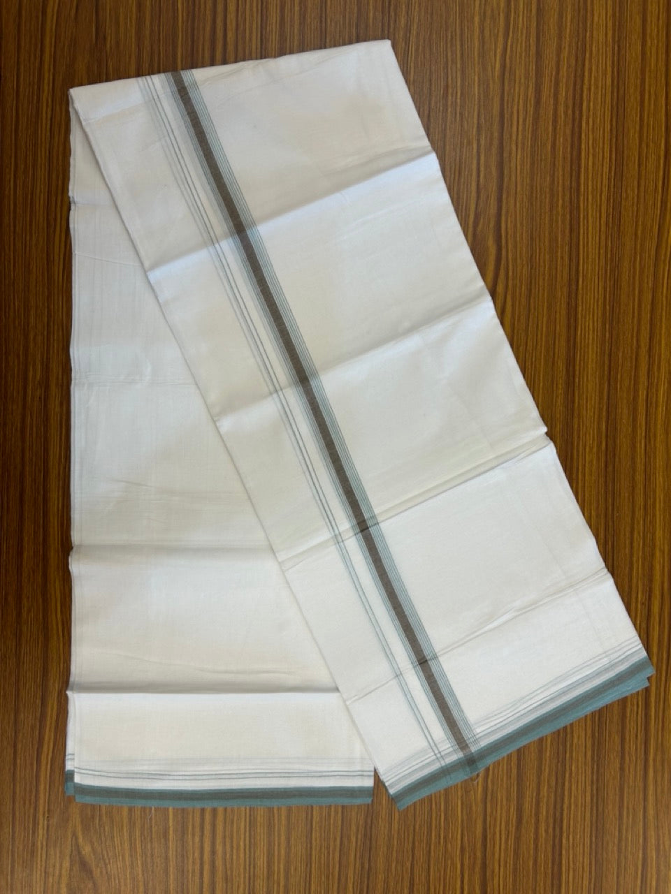 20% Discount ! Kaitharikada Balaramapuram 100% Cotton Pure White Double Mundu/Dothi - 100x80 - 0.75 inch Brown & Teal green Stripes Kara 4 mtr (8.5 muzham) - 4 KK5255 VAS