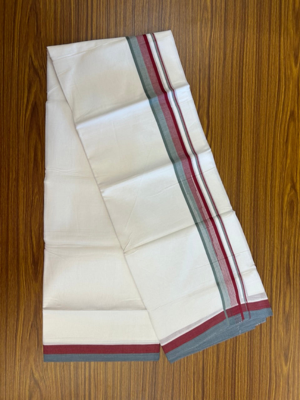 20% Discount ! Kaitharikada Balaramapuram 100% Pure Cotton Double Pure White Mundu/Dhoti - 100x80 - 1.5 inch Maroon & Ash Green shaded striped chutty 3.90 mtr (8.5 muzham) - 78 KK5287 PMC