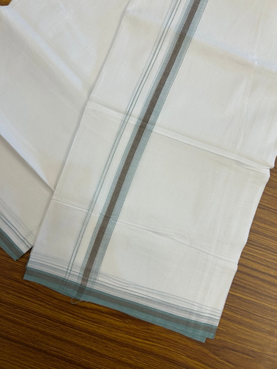 20% Discount ! Kaitharikada Balaramapuram 100% Cotton Pure White Double Mundu/Dothi - 100x80 - 0.75 inch Brown & Teal green Stripes Kara 4 mtr (8.5 muzham) - 4 KK5255 VAS