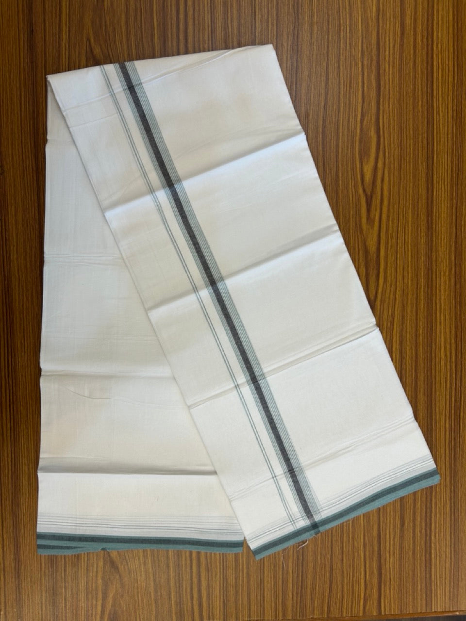 20% Discount ! Kaitharikada Balaramapuram 100% Cotton Pure White Double Mundu/Dothi - 100x80 - 0.75 inch Black & Teal green Stripes Kara 4 mtr (8.5 muzham) - 5 KK5255 VAS
