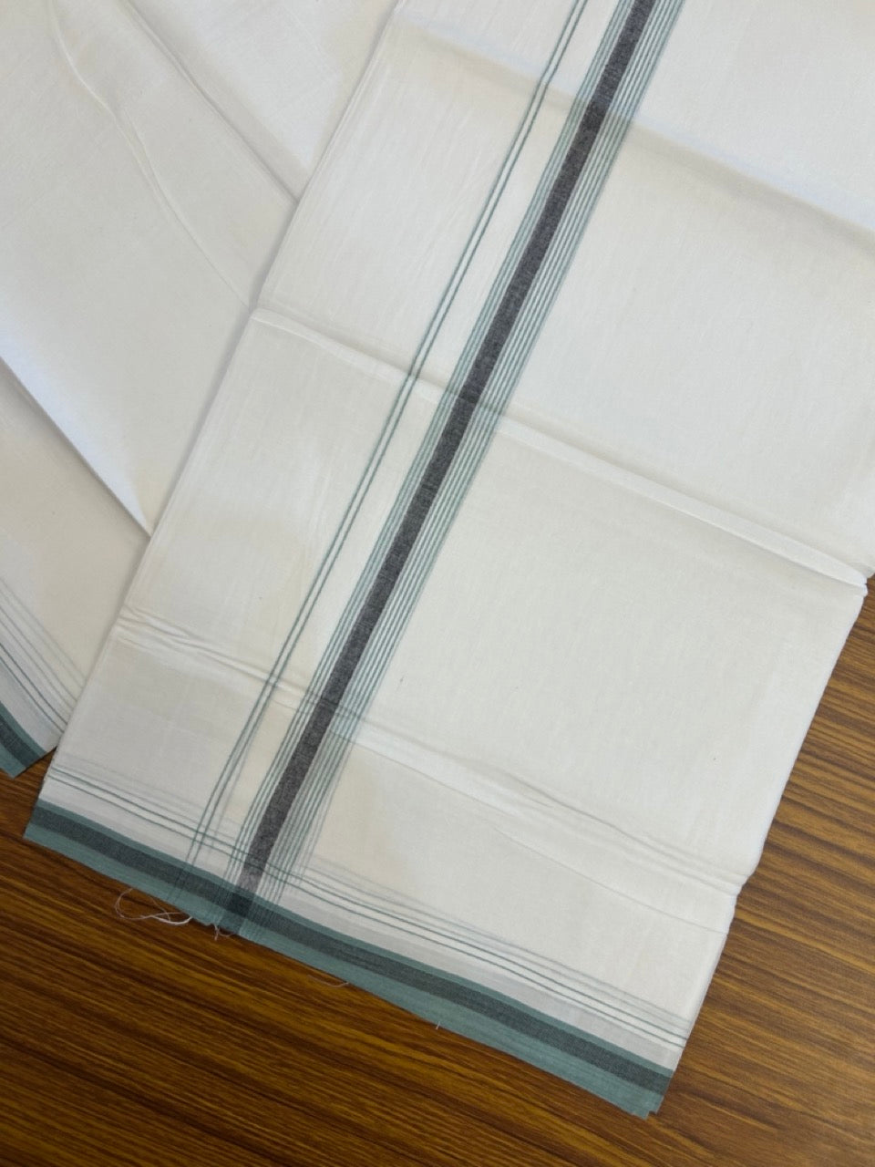 20% Discount ! Kaitharikada Balaramapuram 100% Cotton Pure White Double Mundu/Dothi - 100x80 - 0.75 inch Black & Teal green Stripes Kara 4 mtr (8.5 muzham) - 5 KK5255 VAS