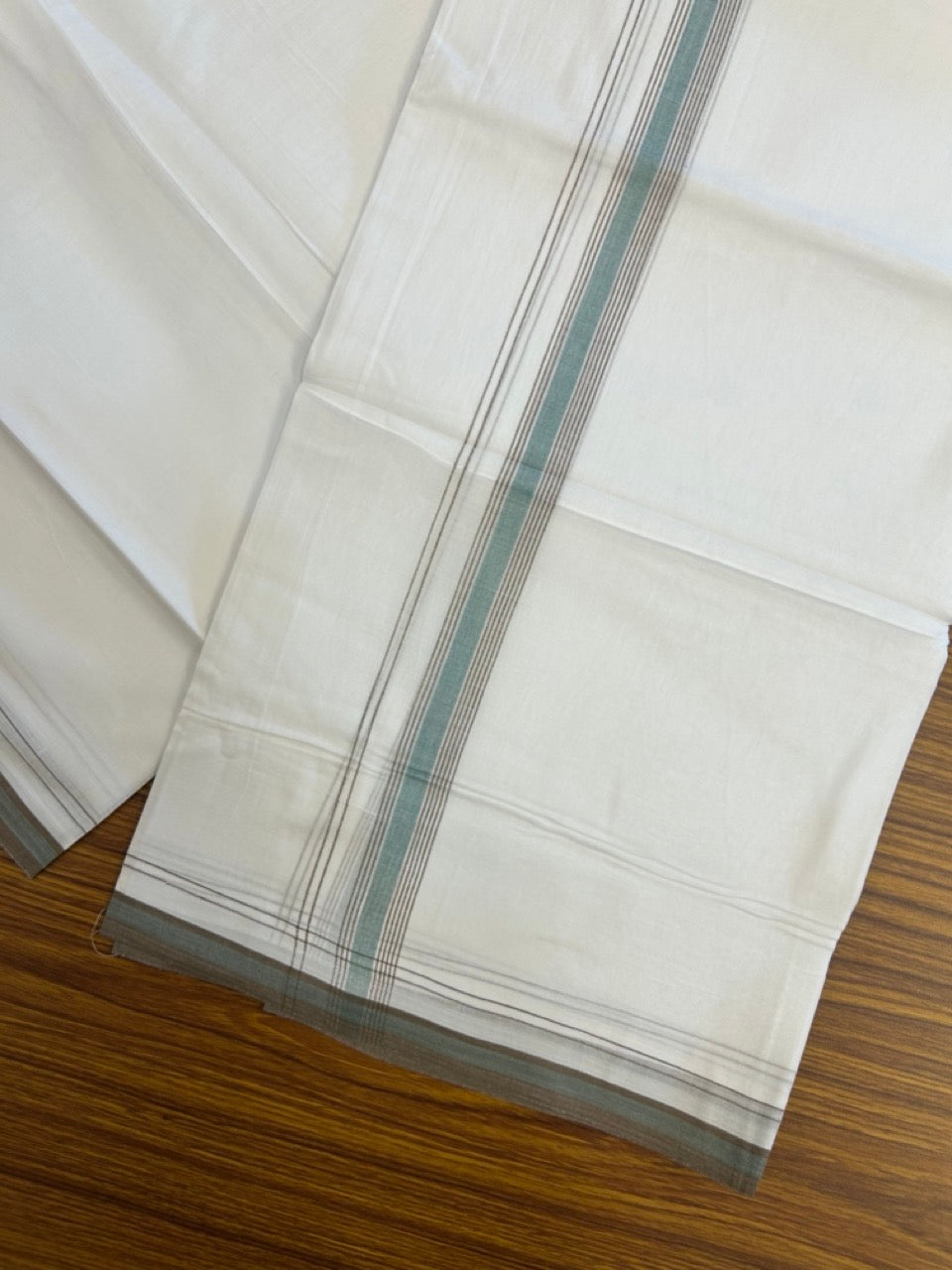 20% Discount ! Kaitharikada Balaramapuram 100% Cotton Pure White Double Mundu/Dothi - 100x80 - 0.75 inch Brown & Blue green Stripes Kara 4 mtr (8.5 muzham) - 6 KK5255 VAS