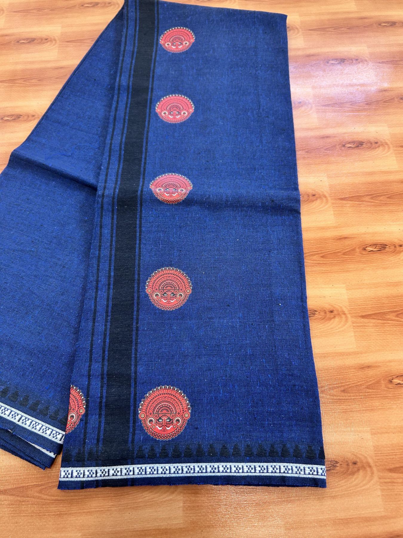 Single Kaily / Lungi - Mixed Cotton - 40s twisted - Theyyam Design Printed Kuppadam 1.5 inch Black Stripes Kara with Dark Blue Colour Body (2 meter / 4 muzham) - 11 KK5423 GAN