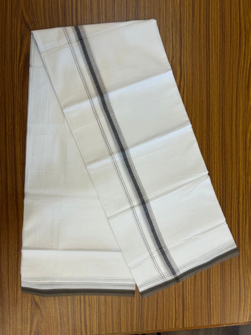 20% Discount ! Kaitharikada Balaramapuram 100% Cotton Pure White Double Mundu/Dothi - 100x80 - 0.75 inch Brown & Black Stripes Kara 4 mtr (8.5 muzham) - 1 KK5255 VAS