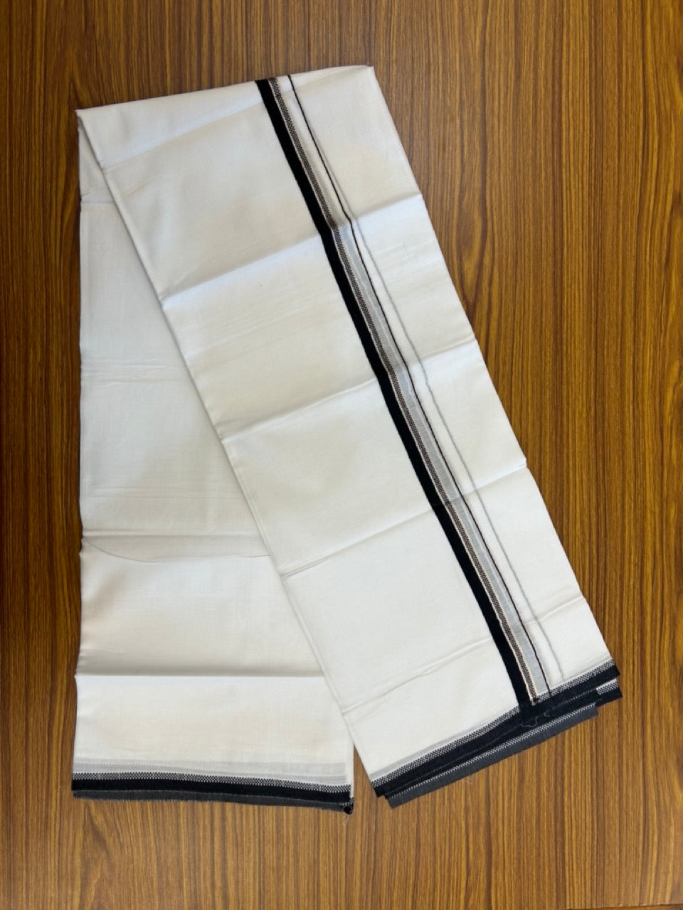 20% Discount ! Kaitharikada Balaramapuram 100% Cotton Pure White Double Mundu/Dothi - 100x80 - 0.75 inch Silver Kasav Black Design Kara 4 mtr (8.5 muzham) - 7 KK5255 VAS