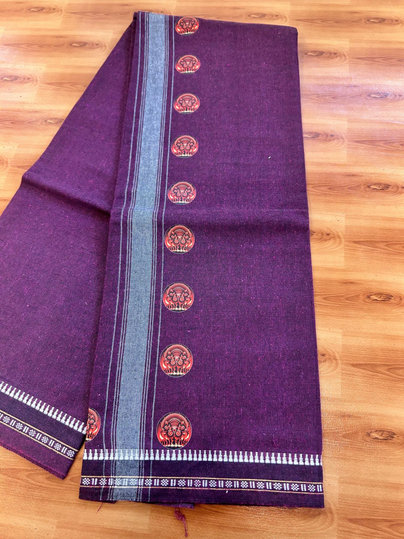 Single Kaily / Lungi - Mixed Cotton - 40s twisted - Theyyam Design Printed Kuppadam 1.75 inch Ash Grey Stripes Kara with Dark Plum Colour Body (2 meter / 4 muzham) - 12 KK5423 GAN