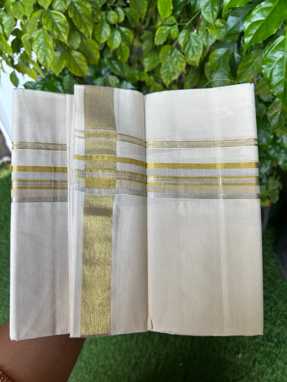 20% DISCOUNT ! KaithariKada Balaramapuram - 100% PURE Cotton Off White - (Unbleached) Double Mundu/Dhoti - 100X80 - 1.5 inch Gold Kasavu & Silver Kasavu Striped Kara - 2KK5212 VIN
