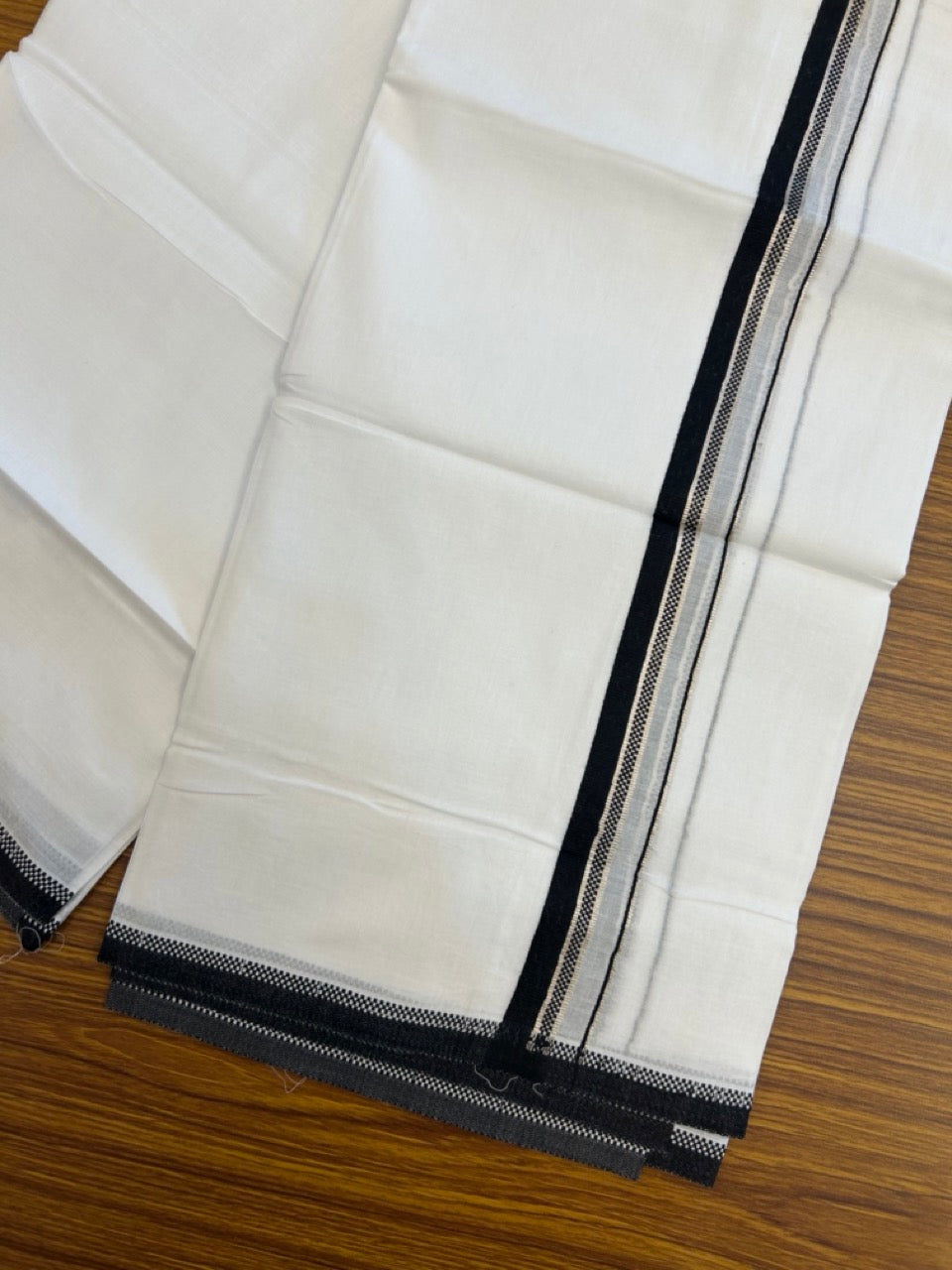 20% Discount ! Kaitharikada Balaramapuram 100% Cotton Pure White Double Mundu/Dothi - 100x80 - 0.75 inch Silver Kasav Black Design Kara 4 mtr (8.5 muzham) - 7 KK5255 VAS