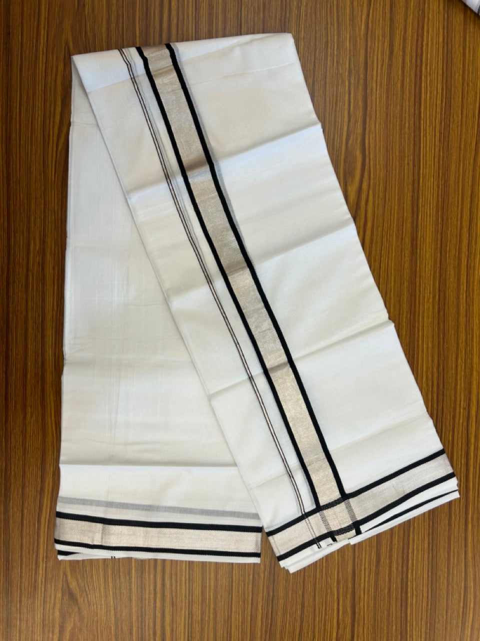 20% Discount ! Kaitharikada Balaramapuram 100% Cotton Pure White Double Mundu/Dothi - 100x80 - 1.5 inch Silver Kasav & Black Kara 4 mtr (8.5 muzham) - 16 KK5255 VAS