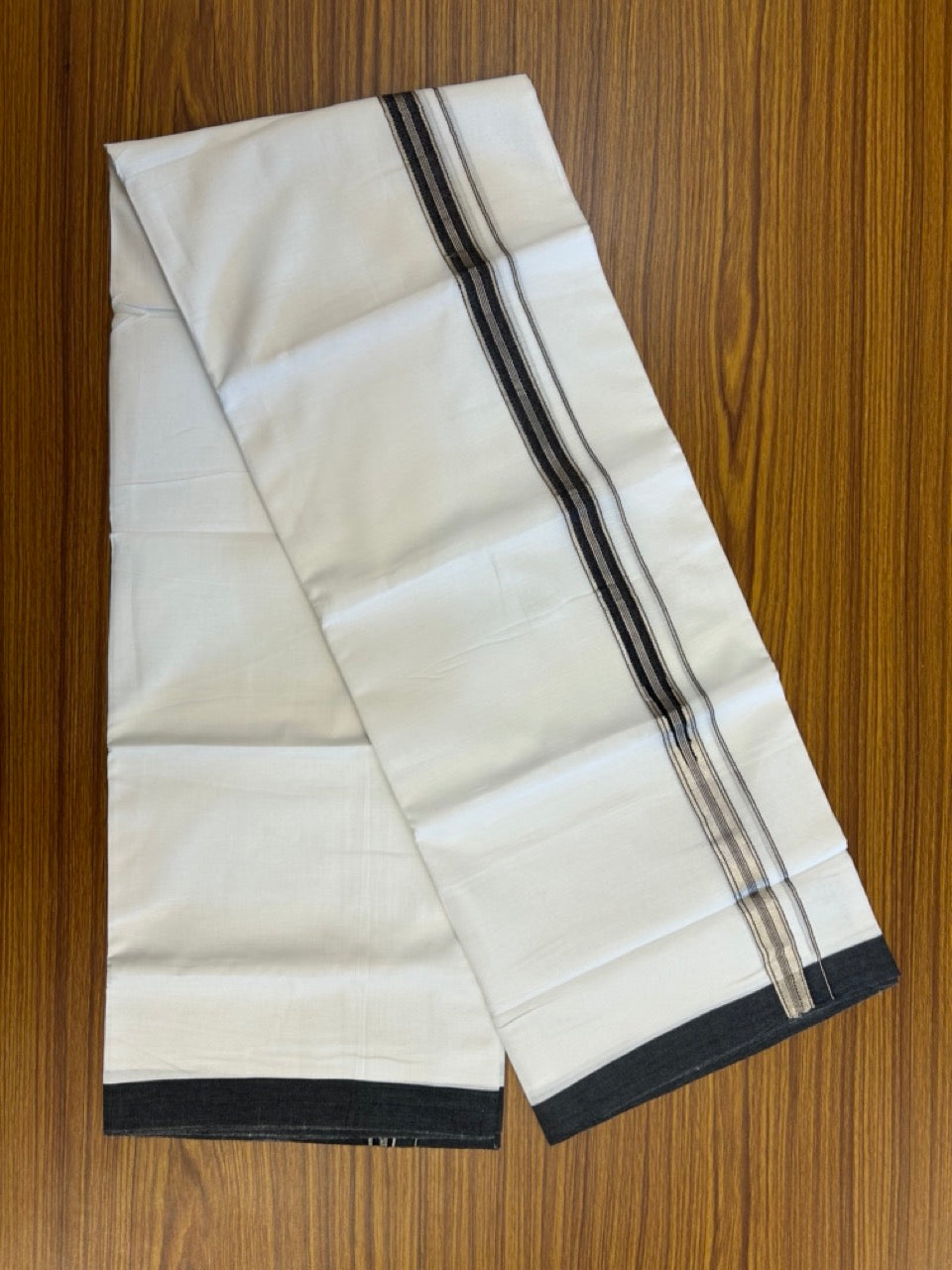 20% Discount ! Kaitharikada Balaramapuram 100% Cotton Pure White Double Mundu/Dothi - 100x80 - 0.75 inch Silver Kasav & Black Stripes One Side Chutty Kara 4 mtr (8.5 muzham) - 17 KK5255 VAS