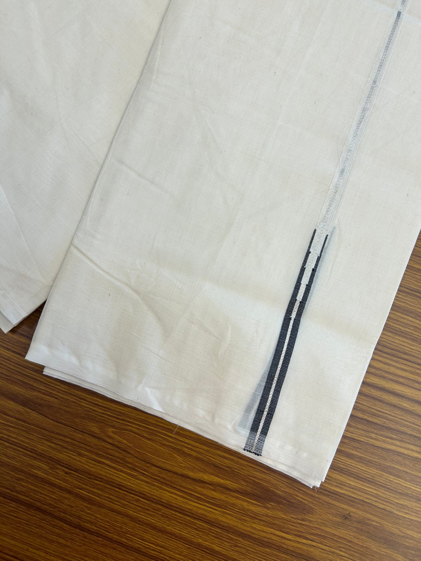 20% Discount! KaithariKada Balaramapuram 100% Cotton Double Off white Mundu/Dhoti- 100x100 - 1 cm Puliyilakkara Silver Kasav & Black Chutty Kara - 4 mtr (8.5 muzham) - 7 KK5373 ASH