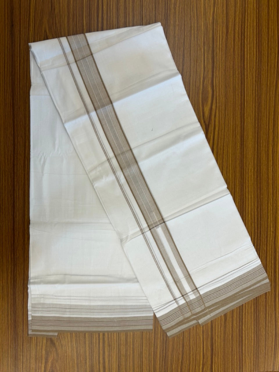 20% Discount ! Kaitharikada Balaramapuram 100% Cotton Pure White Double Mundu/Dothi - 100x80 - 1.5 inch Light Brown Stripes Chutty Kara 4 mtr (8.5 muzham) - 8 KK5255 VAS