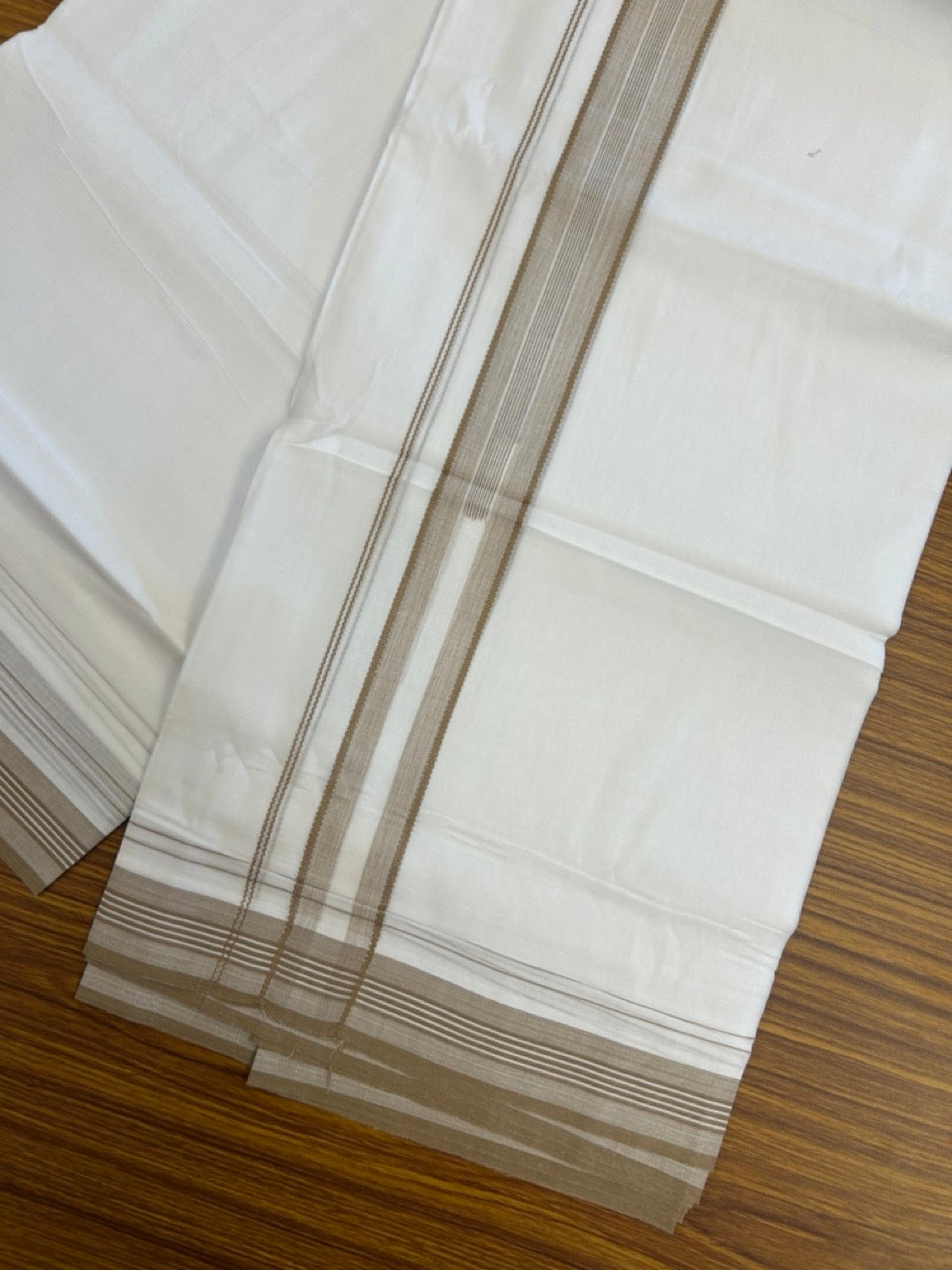 20% Discount ! Kaitharikada Balaramapuram 100% Cotton Pure White Double Mundu/Dothi - 100x80 - 1.5 inch Light Brown Stripes Chutty Kara 4 mtr (8.5 muzham) - 8 KK5255 VAS
