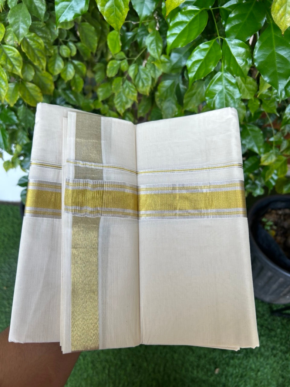 20% DISCOUNT ! KaithariKada Balaramapuram - 100% PURE Cotton Off White - (Unbleached) Double Mundu/Dhoti - 100X80 - 1.5 inch Gold Kasavu & Silver Kasavu Striped Kara - 7KK5212 VIN