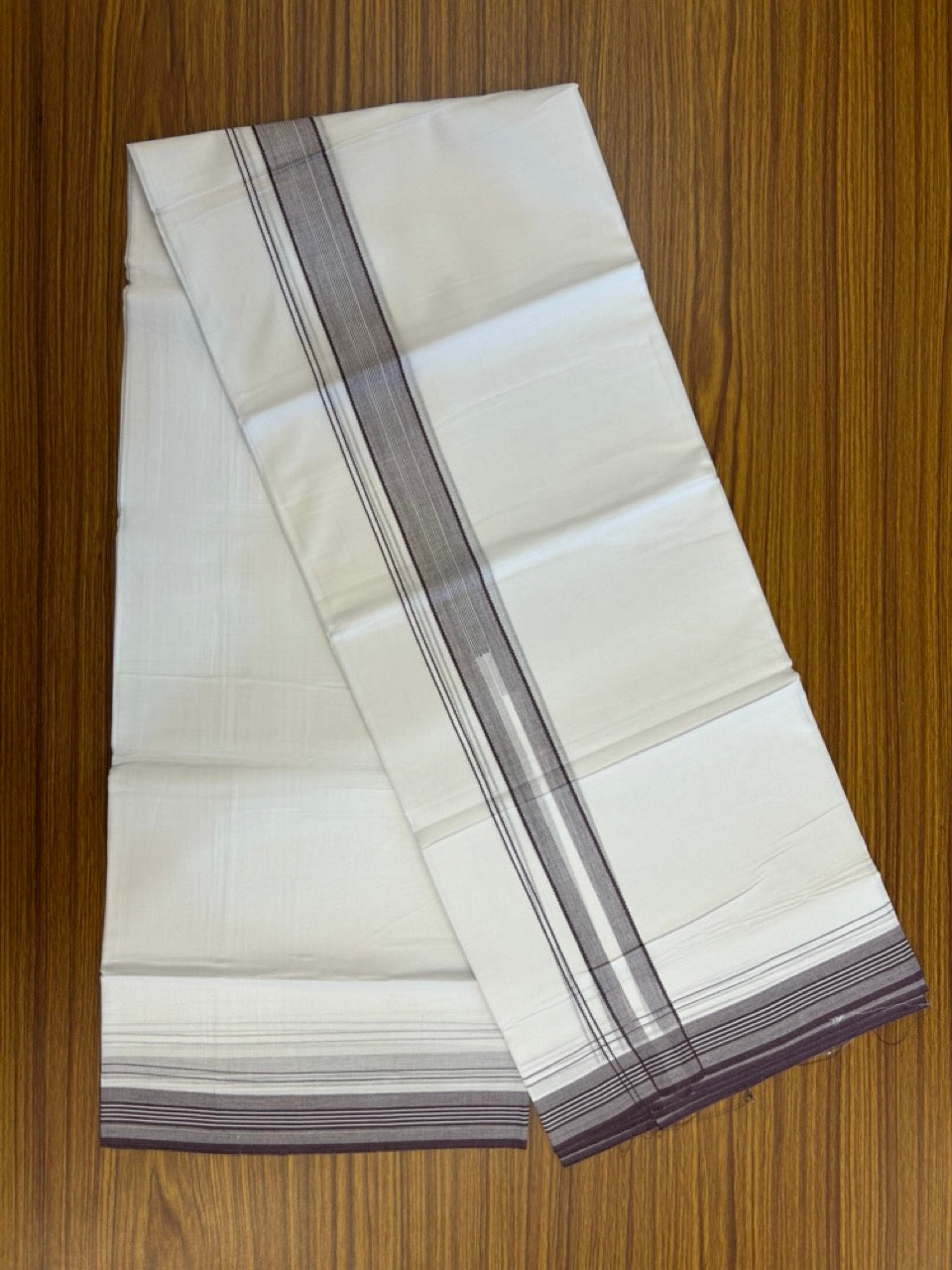 20% Discount ! Kaitharikada Balaramapuram 100% Cotton Pure White Double Mundu/Dothi - 100x80 - 1.5 inch Wine Purple Stripes Chutty Kara 4 mtr (8.5 muzham) - 12 KK5255 VAS
