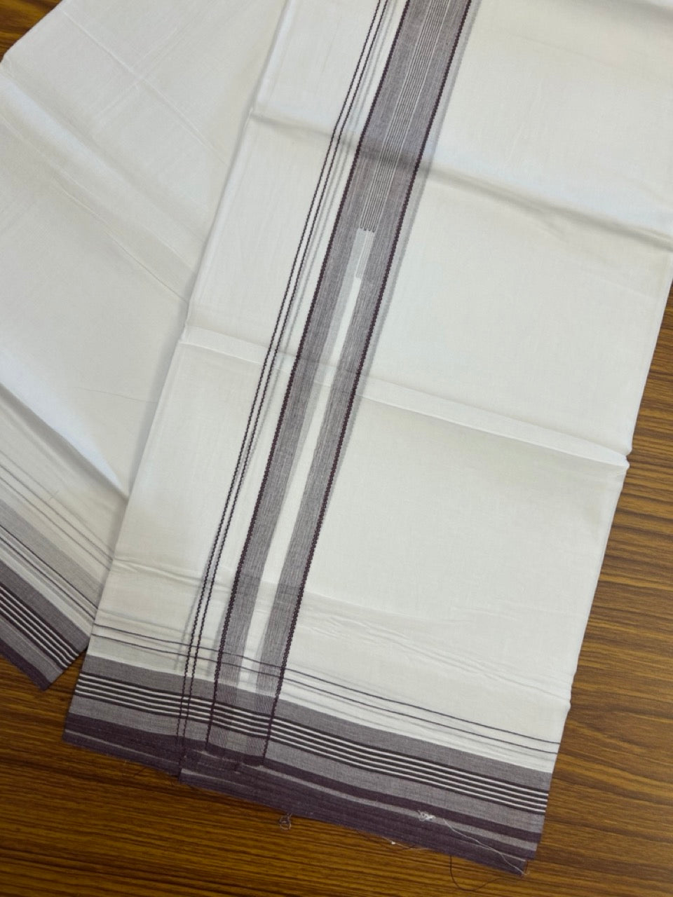20% Discount ! Kaitharikada Balaramapuram 100% Cotton Pure White Double Mundu/Dothi - 100x80 - 1.5 inch Wine Purple Stripes Chutty Kara 4 mtr (8.5 muzham) - 12 KK5255 VAS